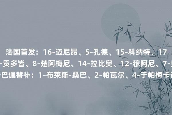 法国首发：16-迈尼昂、5-孔德、15-科纳特、17-萨利巴、3-迪涅、19-贡多皆、8-楚阿梅尼、14-拉比奥、12-穆阿尼、7-奥斯曼-登贝莱、10-姆巴佩替补：1-布莱斯-桑巴、2-帕瓦尔、4-于帕梅卡诺、6-卡马文加、9-杜埃、11-奥利塞、13-夸迪奥-科内、18-扎伊尔-埃梅里、20-巴尔科拉、21-若纳唐-克洛斯、22-特奥-埃尔南德斯、23-舍瓦利耶克罗地亚首发：1-利瓦科维奇、2