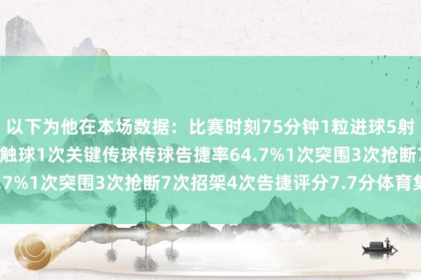 以下为他在本场数据：比赛时刻75分钟1粒进球5射1正1次过东谈主36次触球1次关键传球传球告捷率64.7%1次突围3次抢断7次招架4次告捷评分7.7分体育集锦